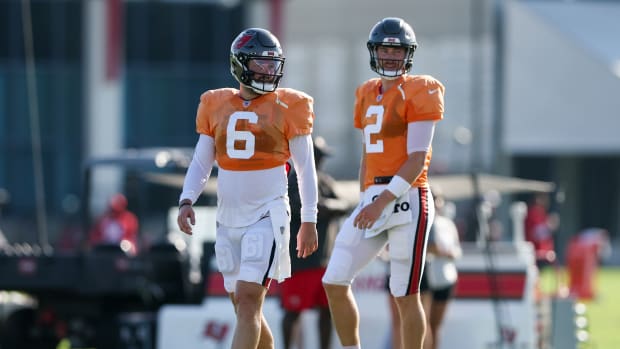 Aug 3, 2023; Tampa Bay, FL, USA; Tampa Bay Buccaneers quarterback Baker Mayfield (6) and quarterback Kyle Trask (2) participate in training camp at AdventHealth Training Center. Mandatory Credit: Nathan Ray Seebeck-USA TODAY Sports